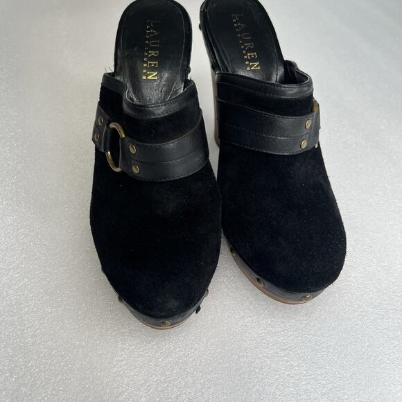 Lauren Ralph Lauren Stasia Sport Suede Platform Mule Clog Black Sz‎ 8M Studded - Picture 2 of 13